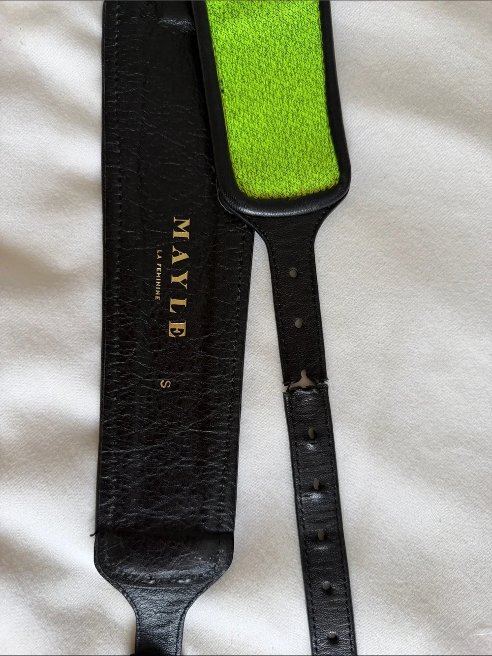 Mayle Black Leather Belt with Lime Green Fabric Inlay